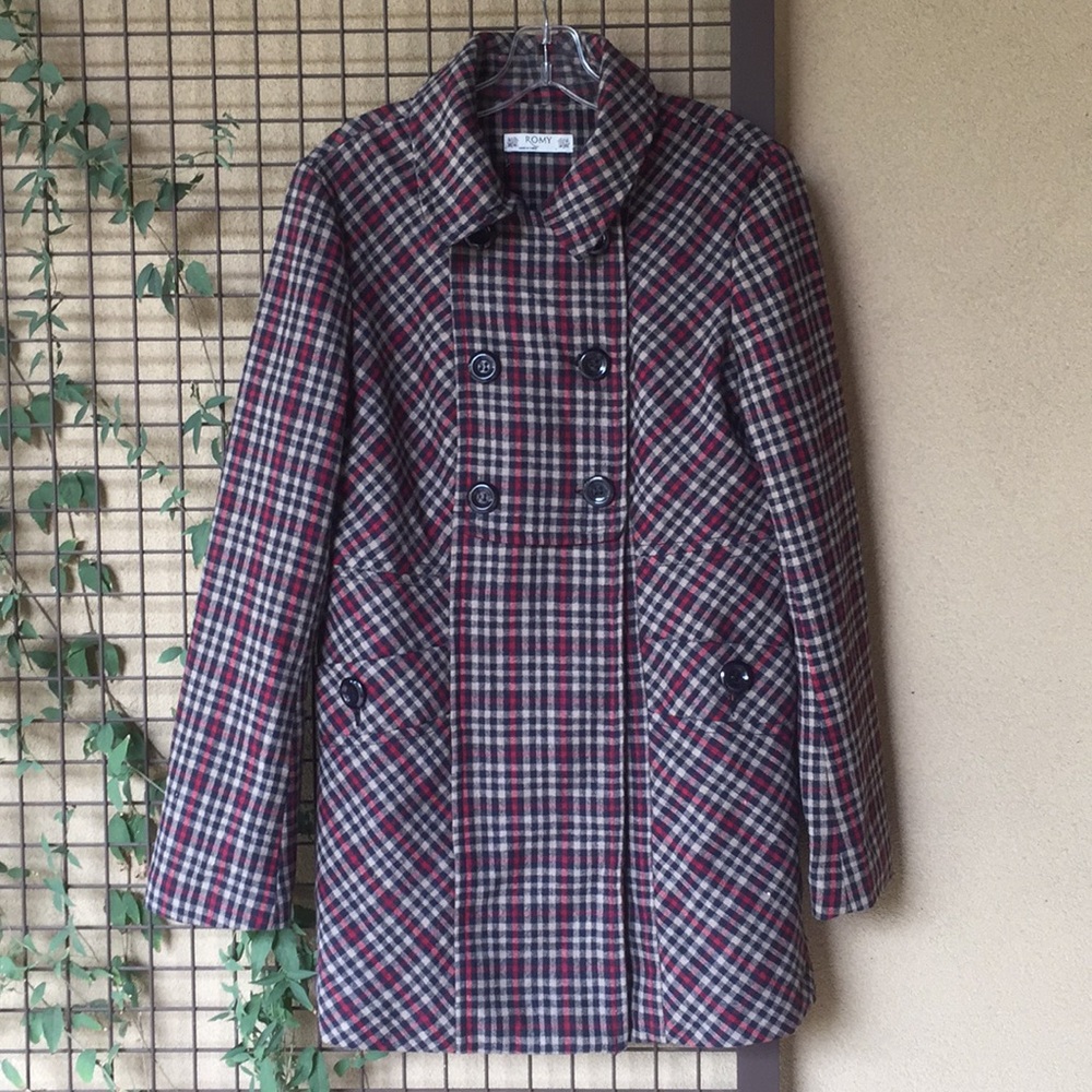 {Romy}Sz Large Wool Blend Plaid Peacoat - Picture 1 of 7